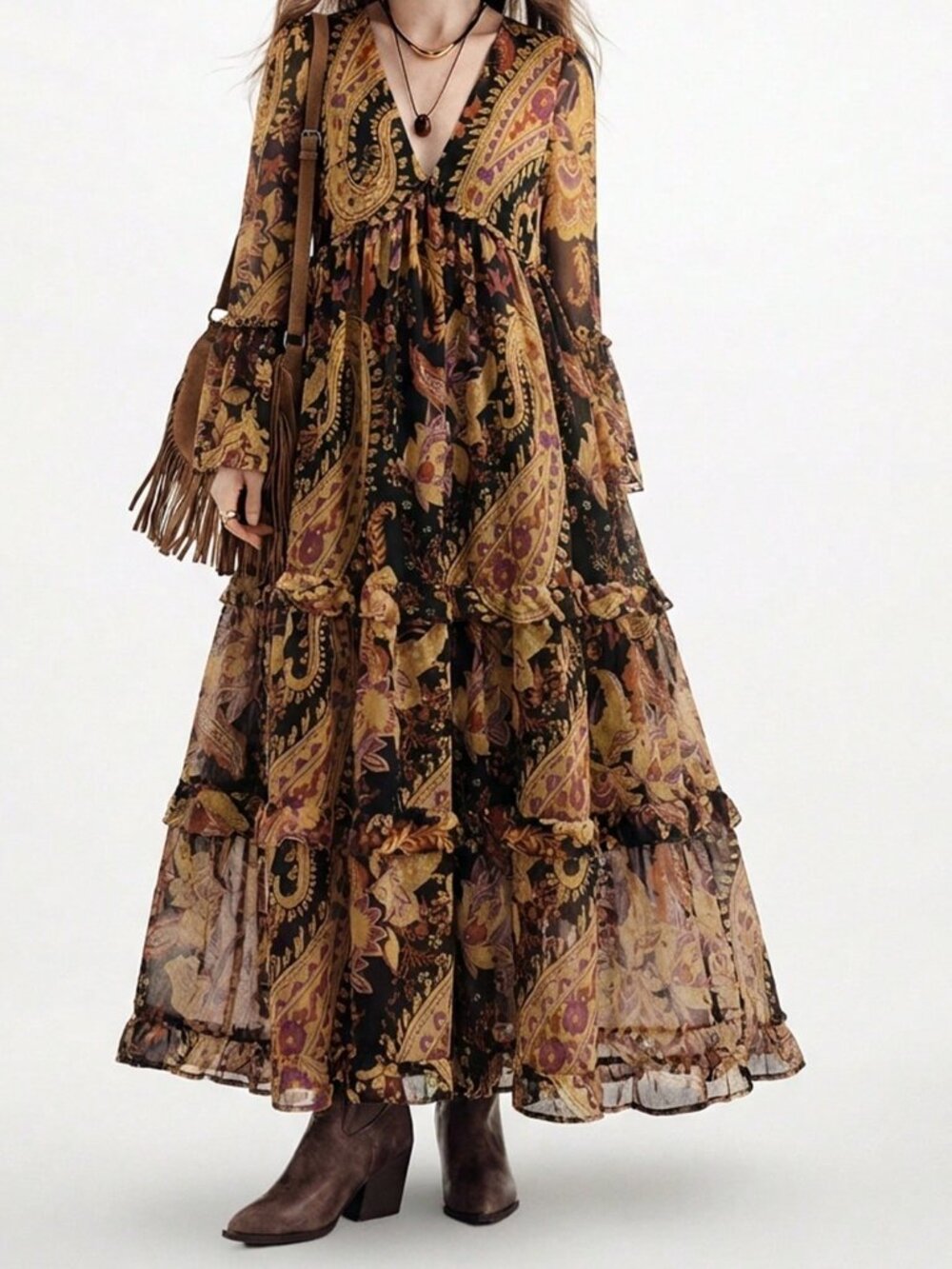 Multicolor Boho Women's Chiffon Flowy Dress - Picture 5 of 7